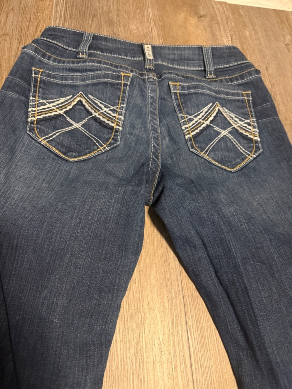 Ariat Dark Blue Boot Cut Jeans with White & Tan Embroidered Pockets